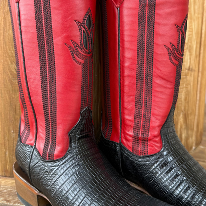 Signature Turquoise Reata Boot – The Liza, Black Lizard Print & Red Tulip Top Square Rodeo Toe Boot
