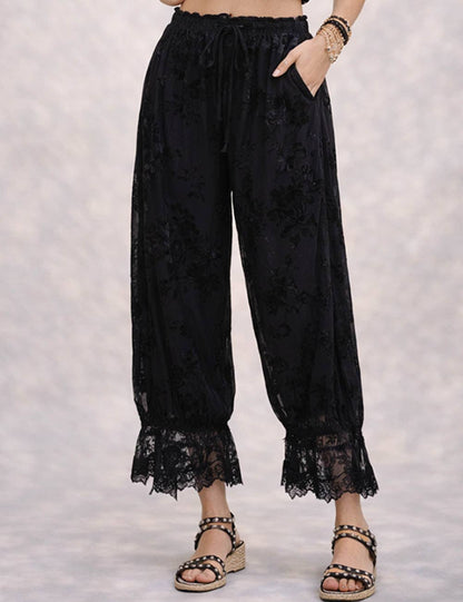 Sylvia Lace Floral Flocked Lantern Pants: Black