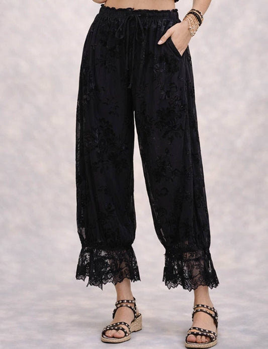 Sylvia Lace Floral Flocked Lantern Pants: Black