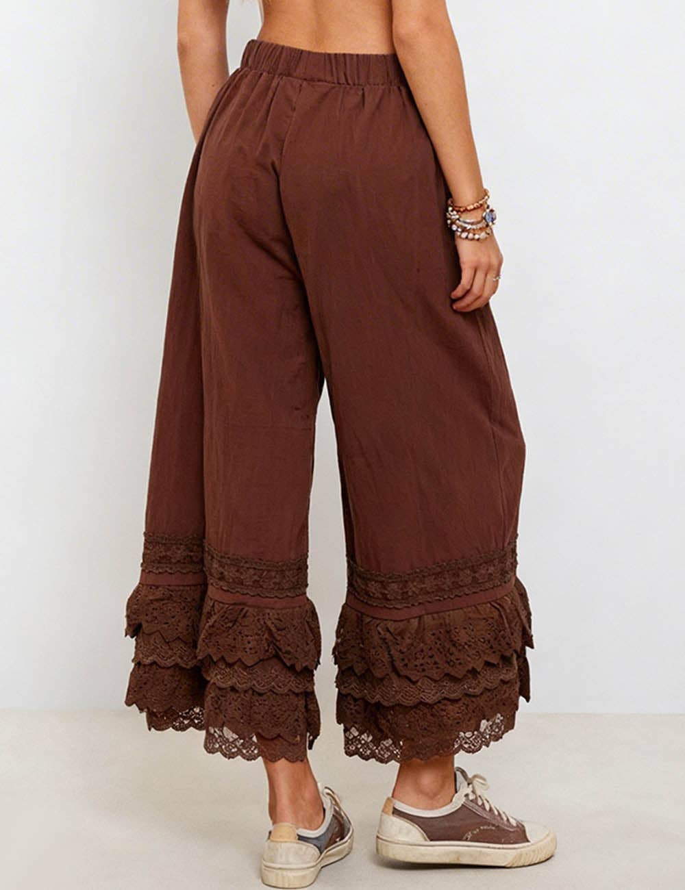 Sophie Lace Ruffle Wide Leg Pants: Coffee