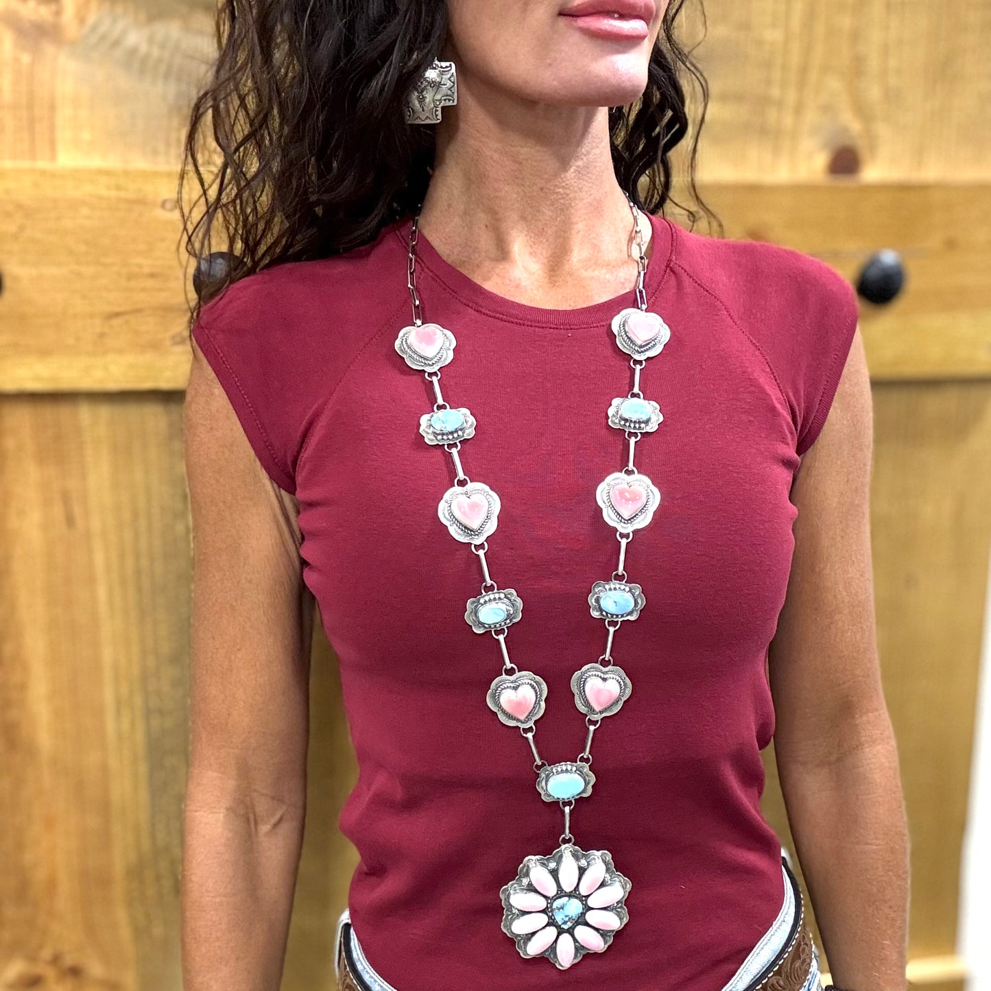 34" + 5" drop Golden Hills Turquoise & Pink Conch Statement Necklace