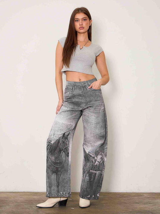 Mandi Printed Baggy Jeans: BLACK HORSE