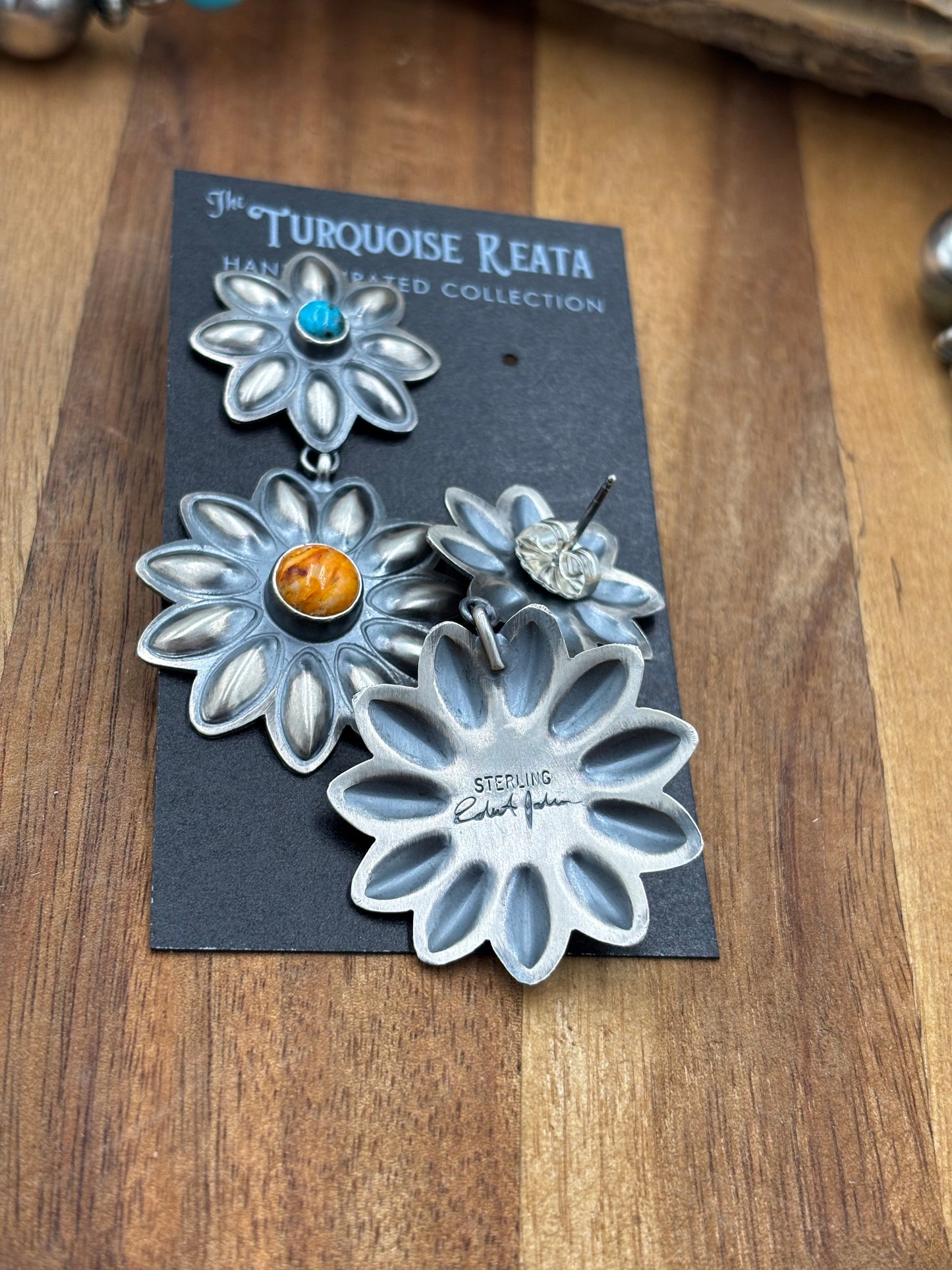 Orange Spiny & Turquoise Flower Concho Earrings by Robert Johnson, Navajo