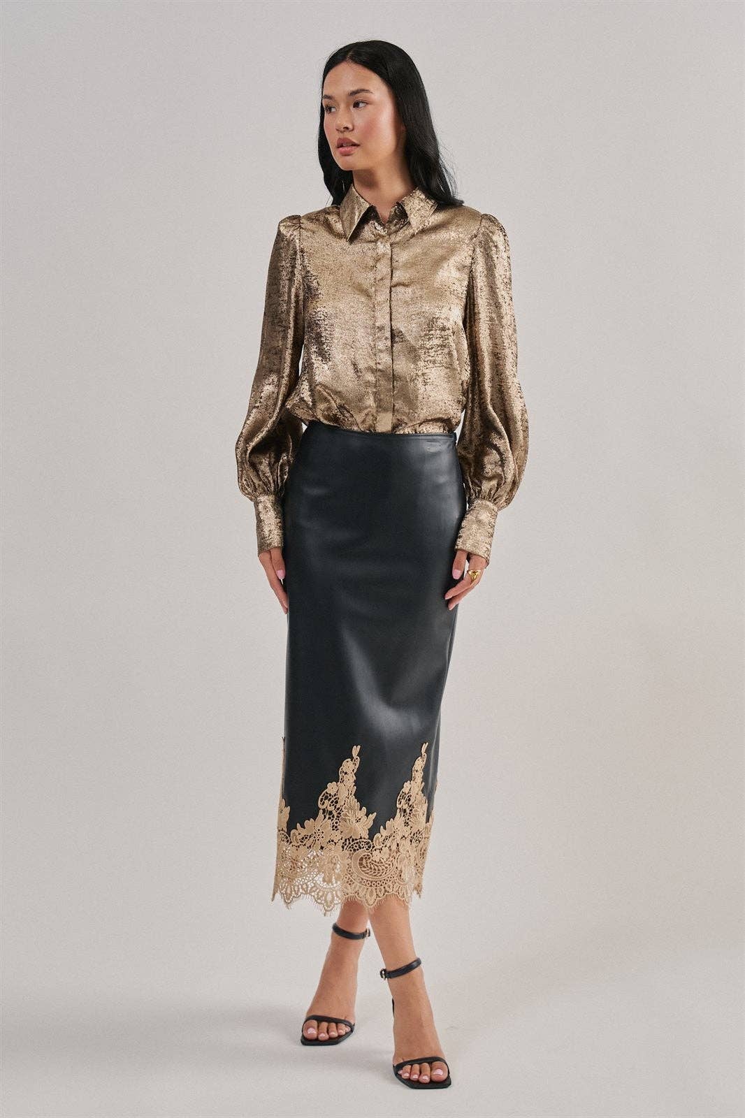 Kara Faux Leather Midi Skirt with Lace
