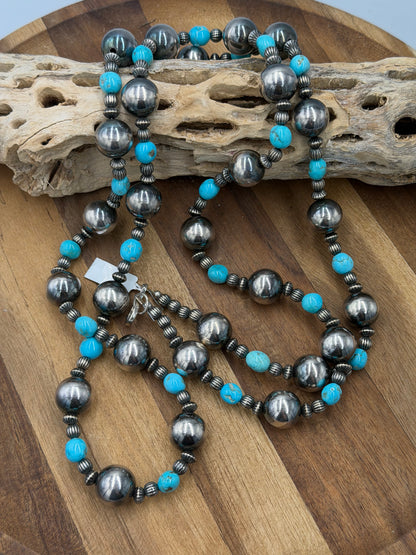 50” Sterling Pearls & Turquoise Necklace #811-7