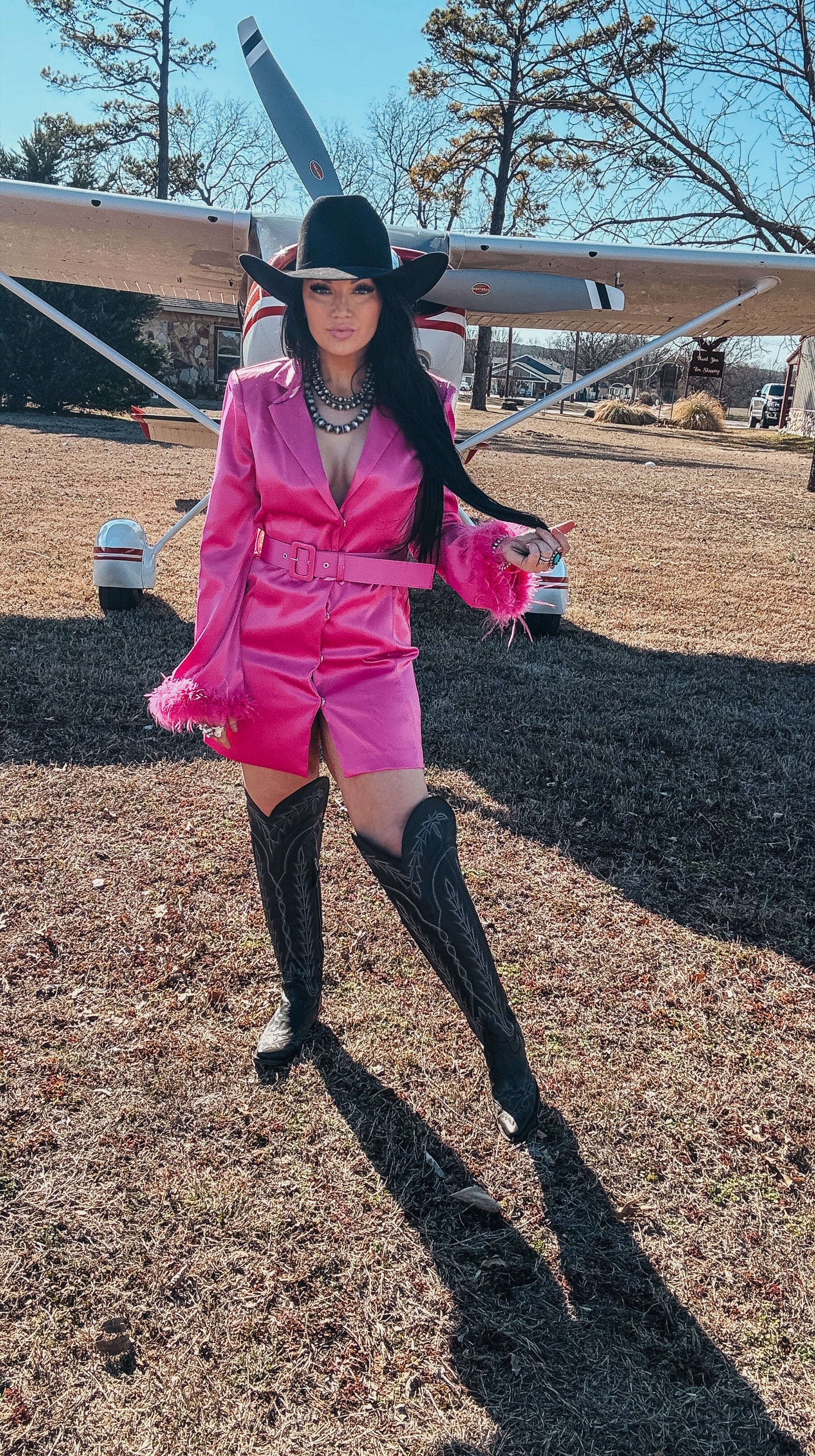 pink blazer dress with feathers Delia Feathered Blazer Dress - Hot Pink