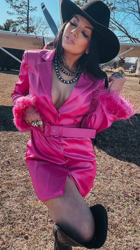 The Elle Fuchsia Pink Feathered Blazer Dress