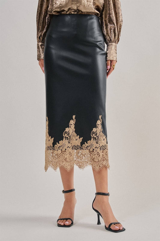 Kara Faux Leather Midi Skirt with Lace