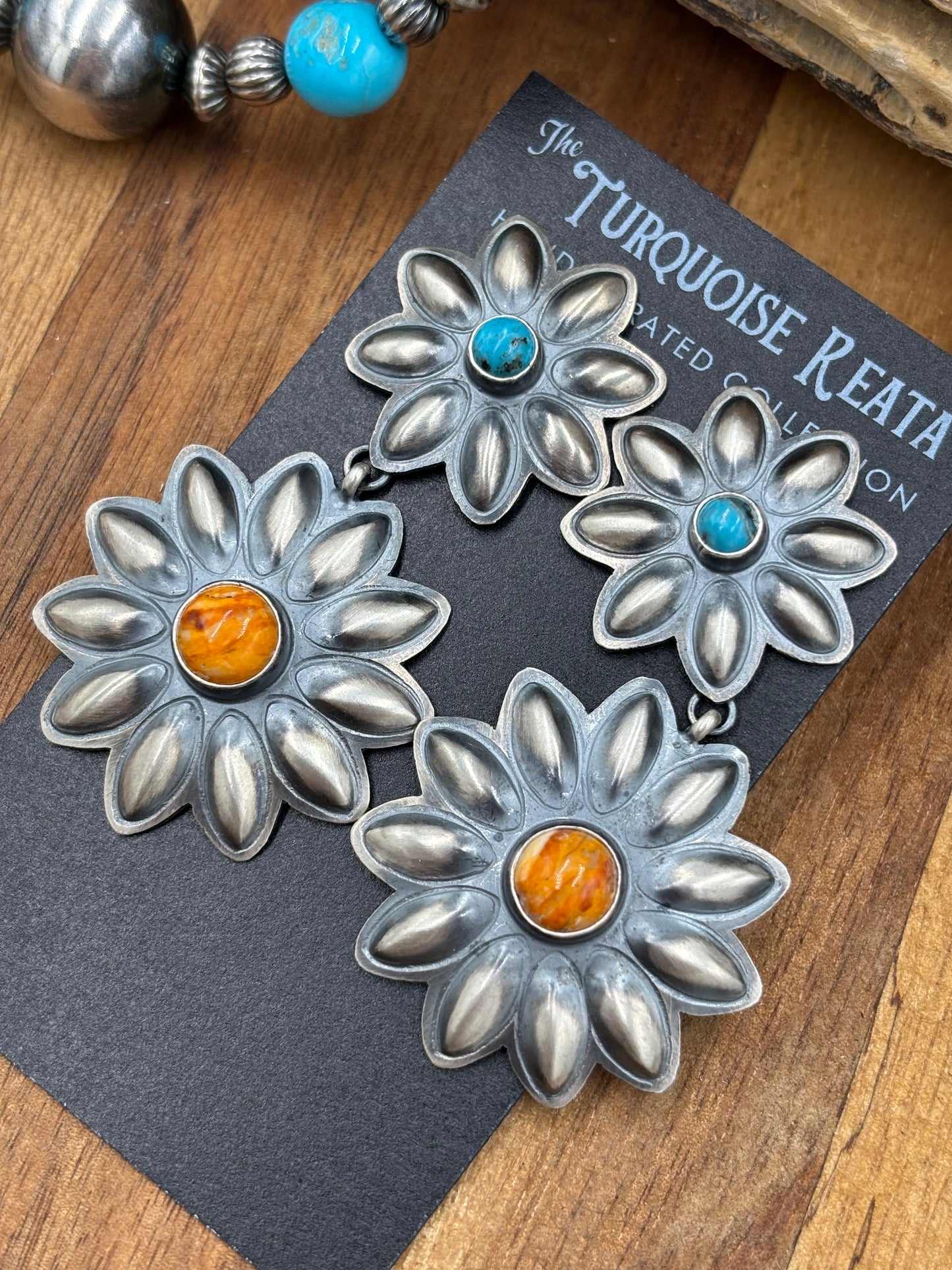 Orange Spiny & Turquoise Flower Concho Earrings by Robert Johnson, Navajo