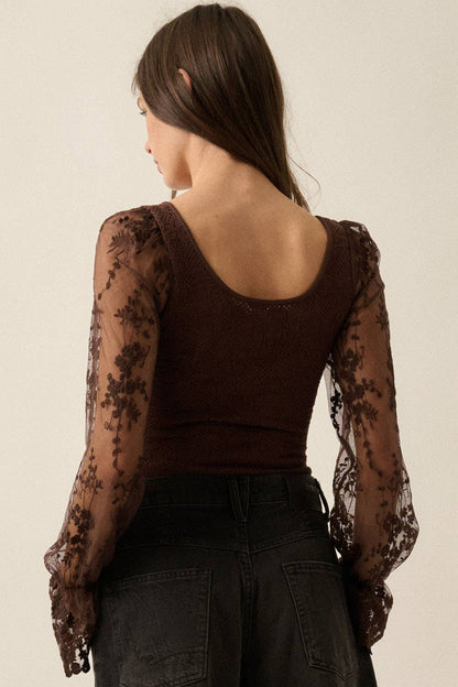 The Evie Lace Bubble-Sleeve Bodysuit: Chocolate