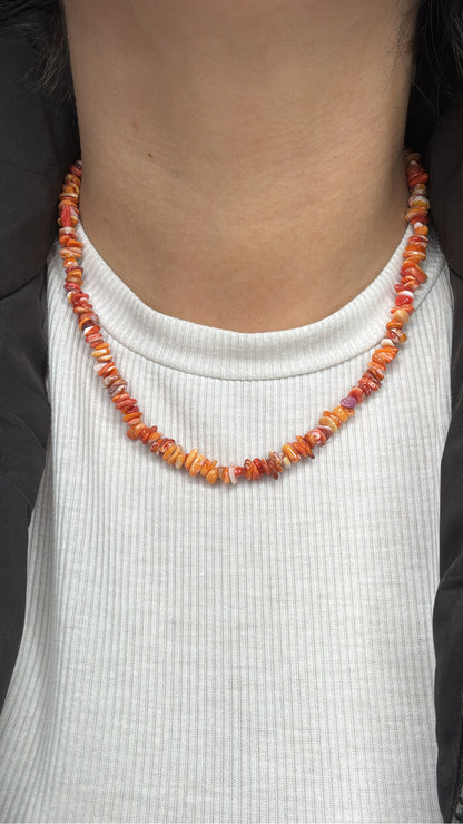 16" Orange and Red Spiny Oyster Chip Necklace #NEC-3