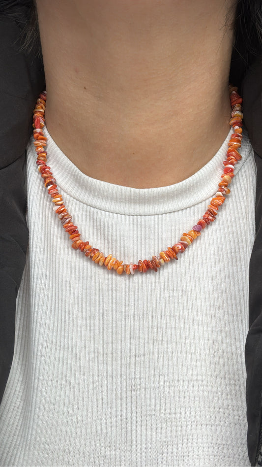 16" Orange and Red Spiny Oyster Chip Necklace #NEC-3