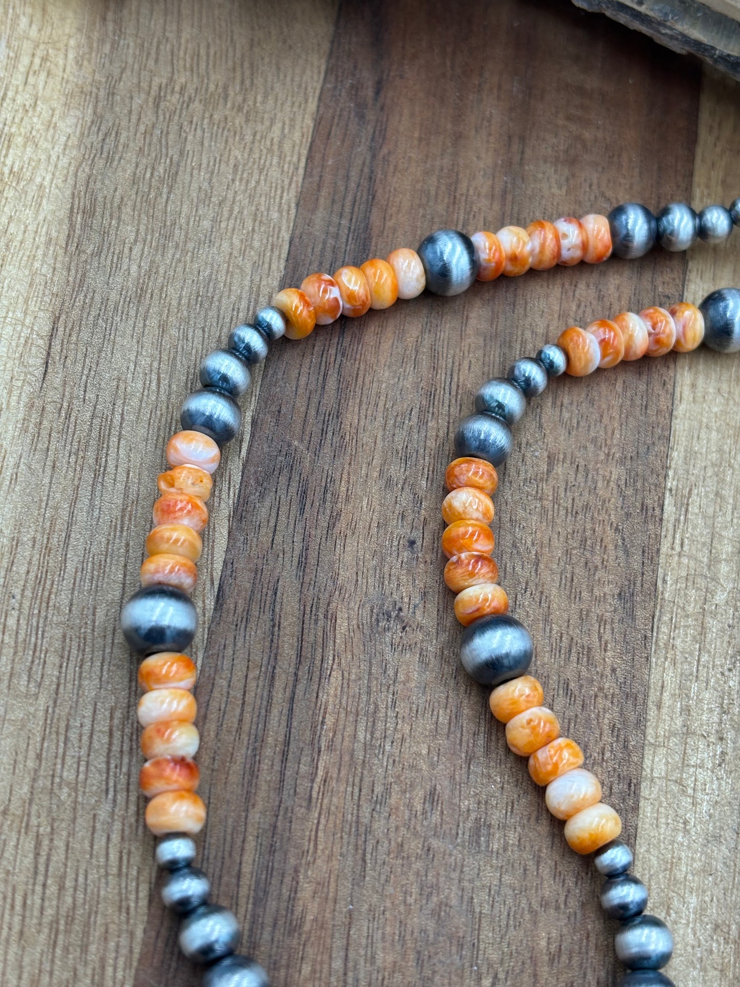 18” Orange Spiny & Sterling Silver Pearl Necklace
