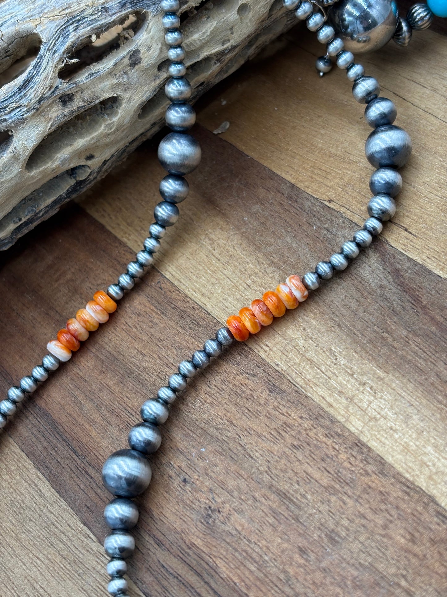 18” Orange Spiny & Sterling Silver Pearl Necklace II