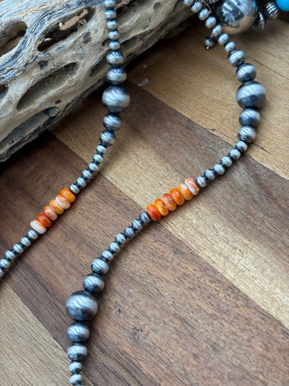 18” Orange Spiny & Sterling Silver Pearl Necklace II