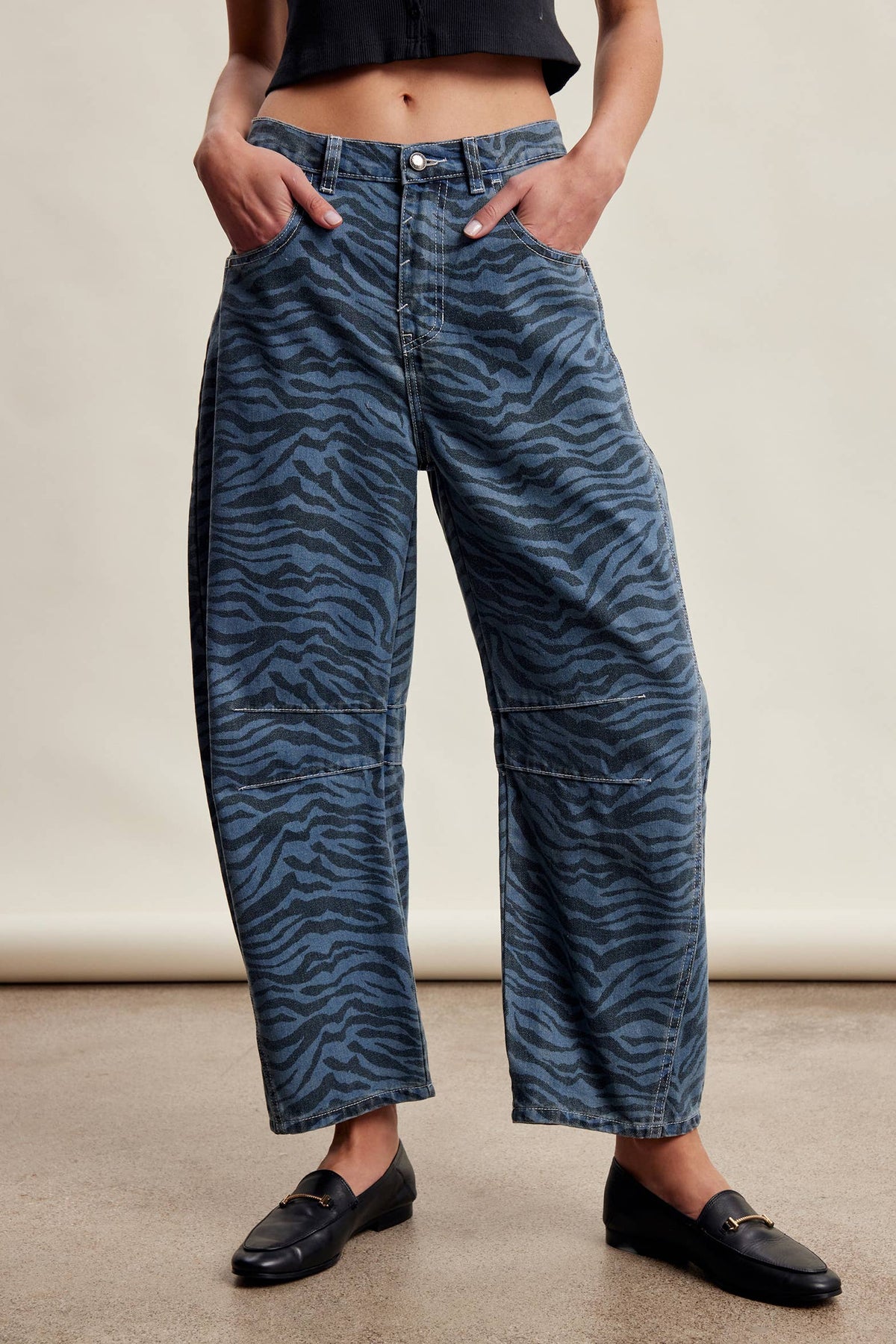 Zebra Print Barrel Jeans Mocha