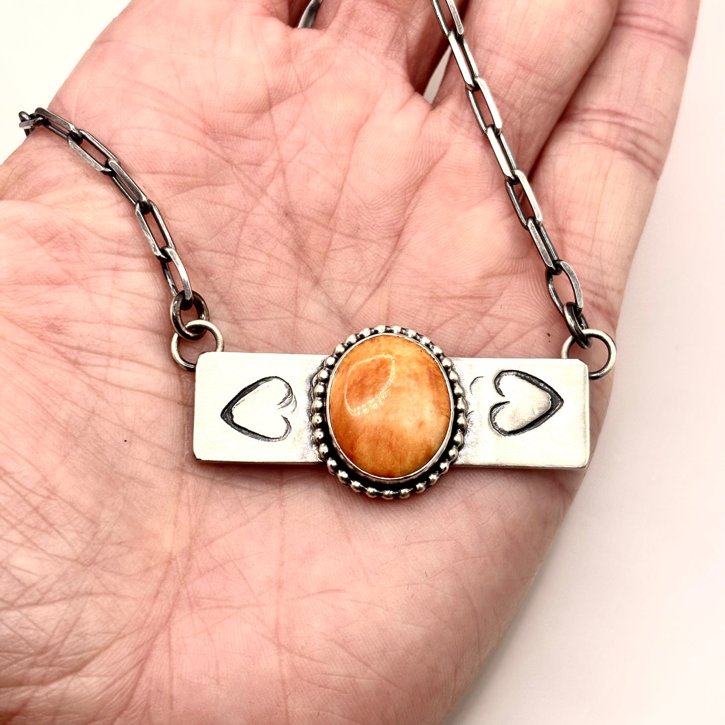 18" Orange Spiny Oyster Stamped Bar Necklace Made by Danny Henio