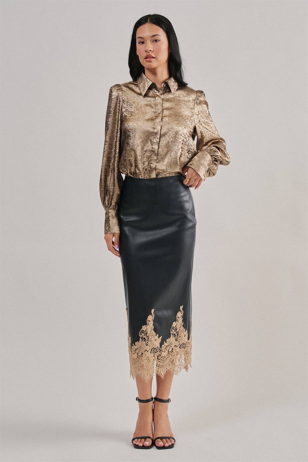 Kara Faux Leather Midi Skirt with Lace