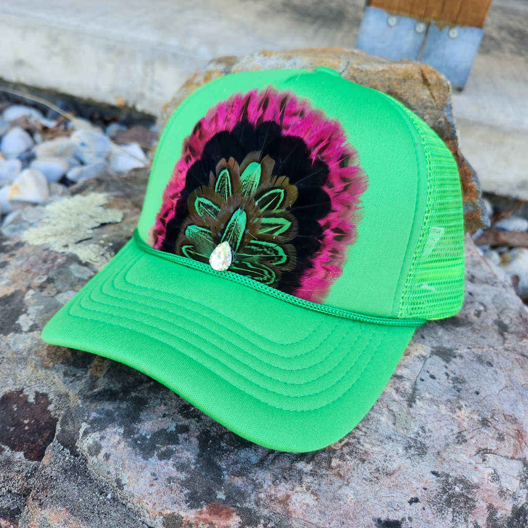 Cosmic Cowgirl Feathered Trucker Hat: Green