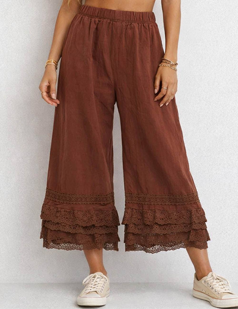 Sophie Lace Ruffle Wide Leg Pants: Coffee