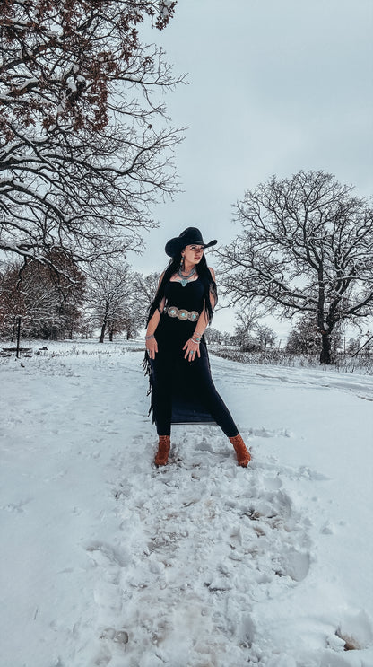 The Jackson Solid Tank Strap Sleeveless Full Length Maxi Black Dress With Fringe