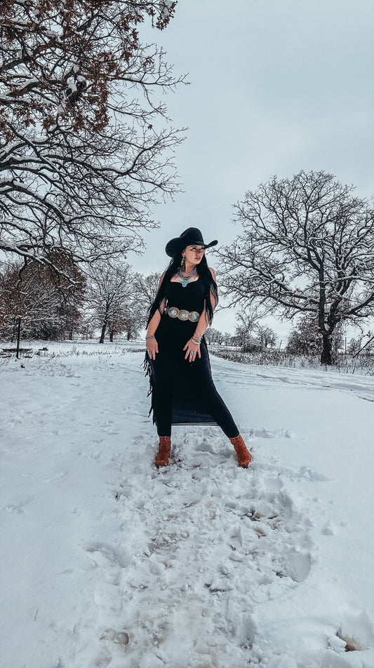 The Jackson Solid Tank Strap Sleeveless Full Length Maxi Black Dress With Fringe
