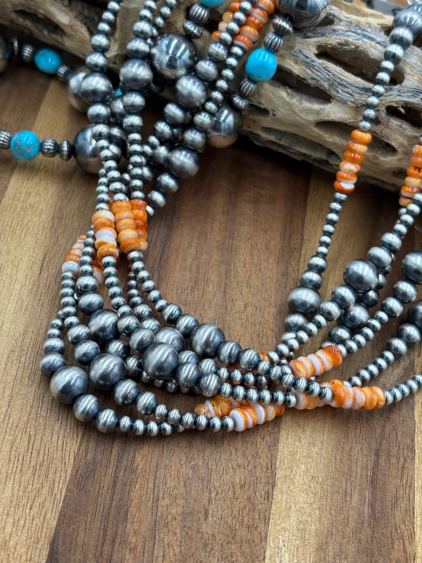 18” Orange Spiny & Sterling Silver Pearl Necklace II