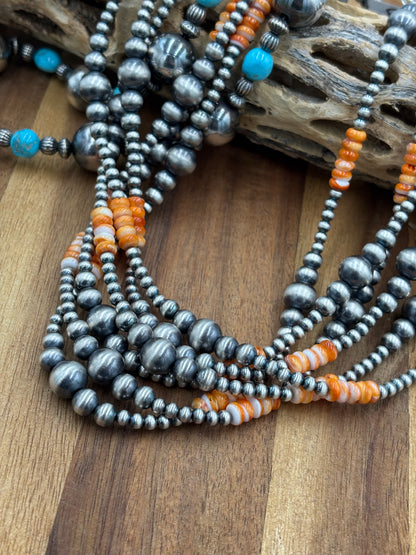 18” Orange Spiny & Sterling Silver Pearl Necklace II