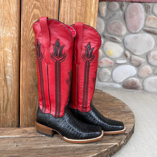 Signature Turquoise Reata Boot – The Liza, Black Lizard Print & Red Tulip Top Square Rodeo Toe Boot