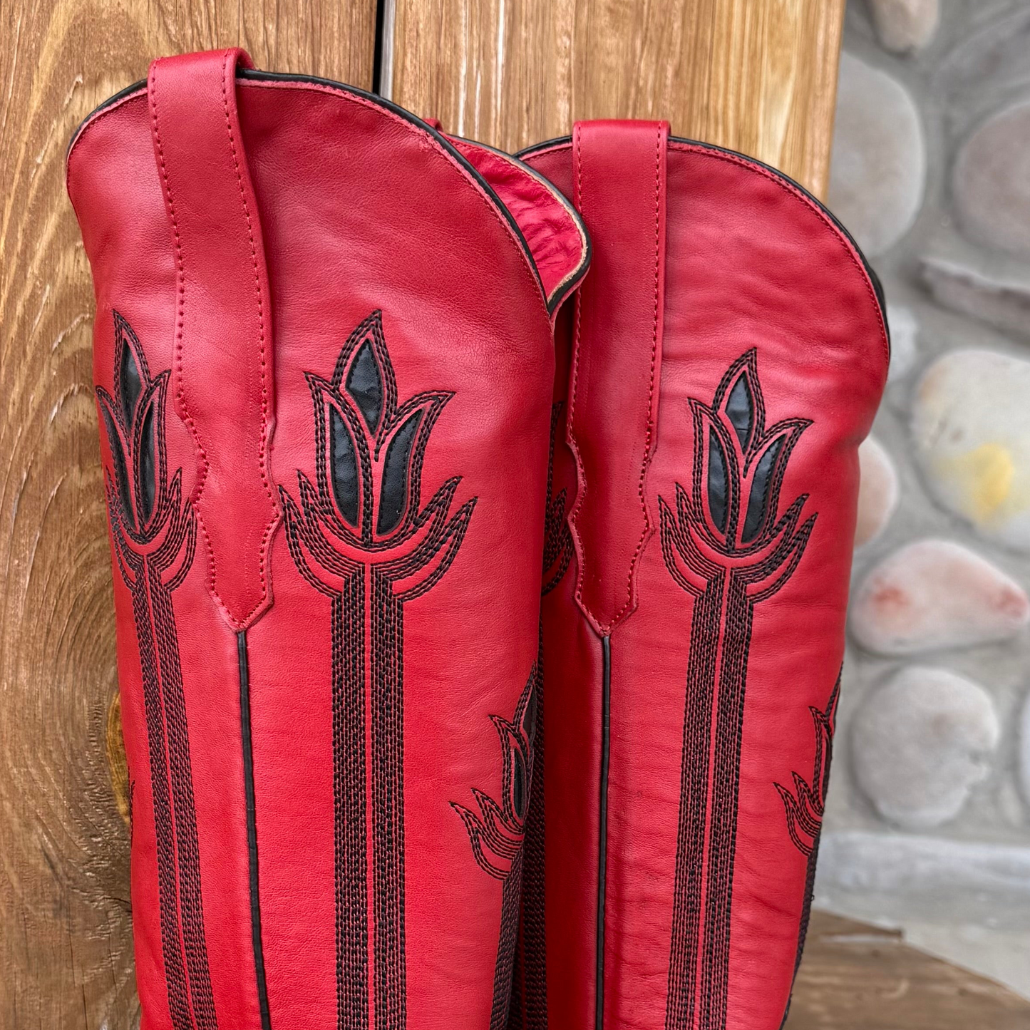 Signature Turquoise Reata Boot – The Liza, Black Lizard Print & Red Tulip Top Square Rodeo Toe Boot