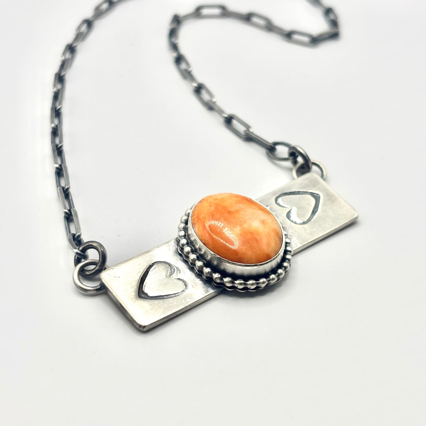 18" Orange Spiny Oyster Stamped Bar Necklace Made by Danny Henio