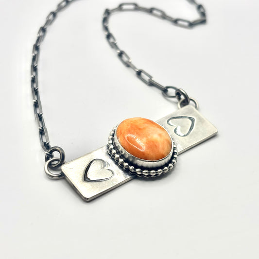 18" Orange Spiny Oyster Stamped Bar Necklace Made by Danny Henio