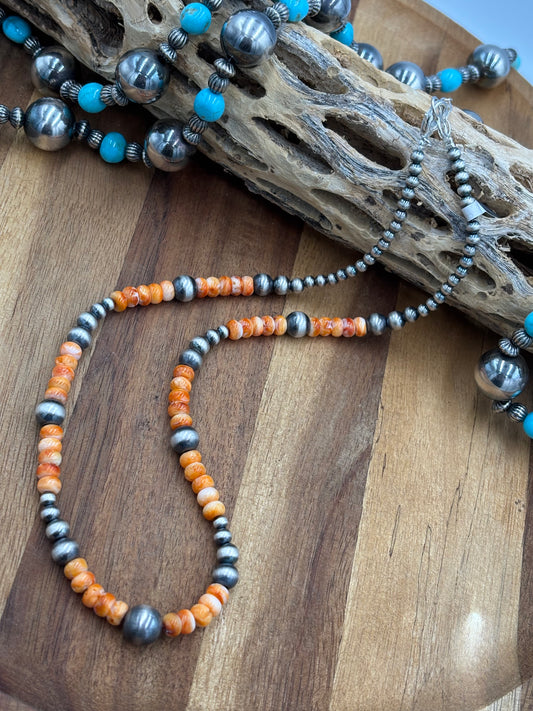 18” Orange Spiny & Sterling Silver Pearl Necklace