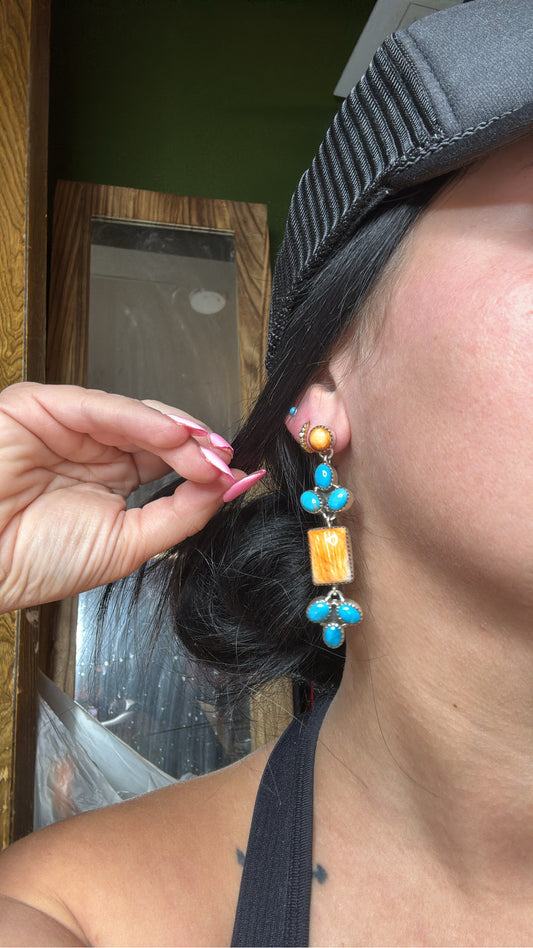 Turquoise and Orange Spiny Oyster Sterling Silver Earrings