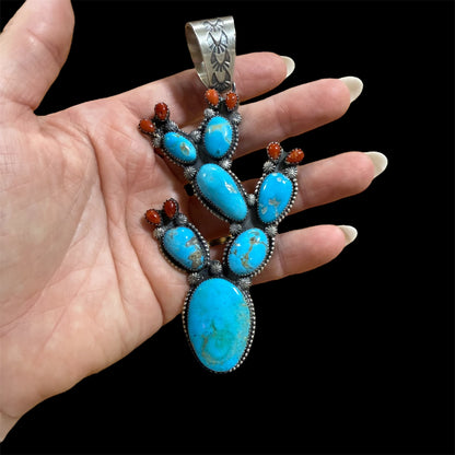 Kingman and Coral Cactus Pendant