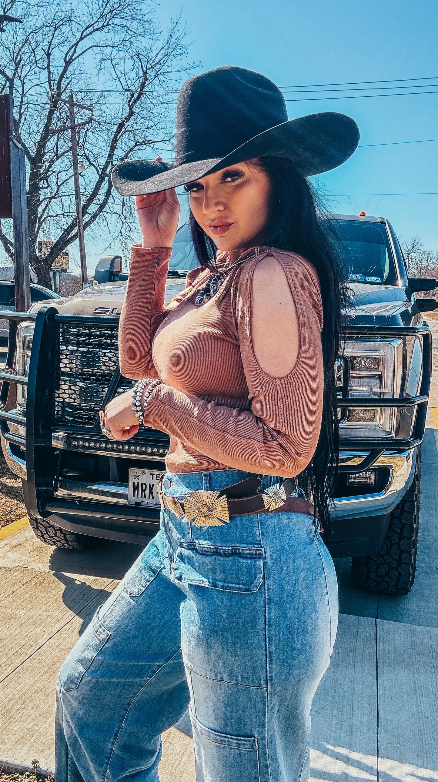 The Stacy Studded Western Buckle Cold Shoulder Bodysuit