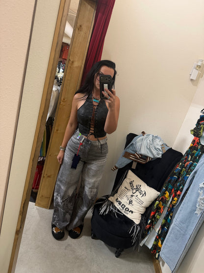 Mandi Printed Baggy Jeans: BLACK HORSE