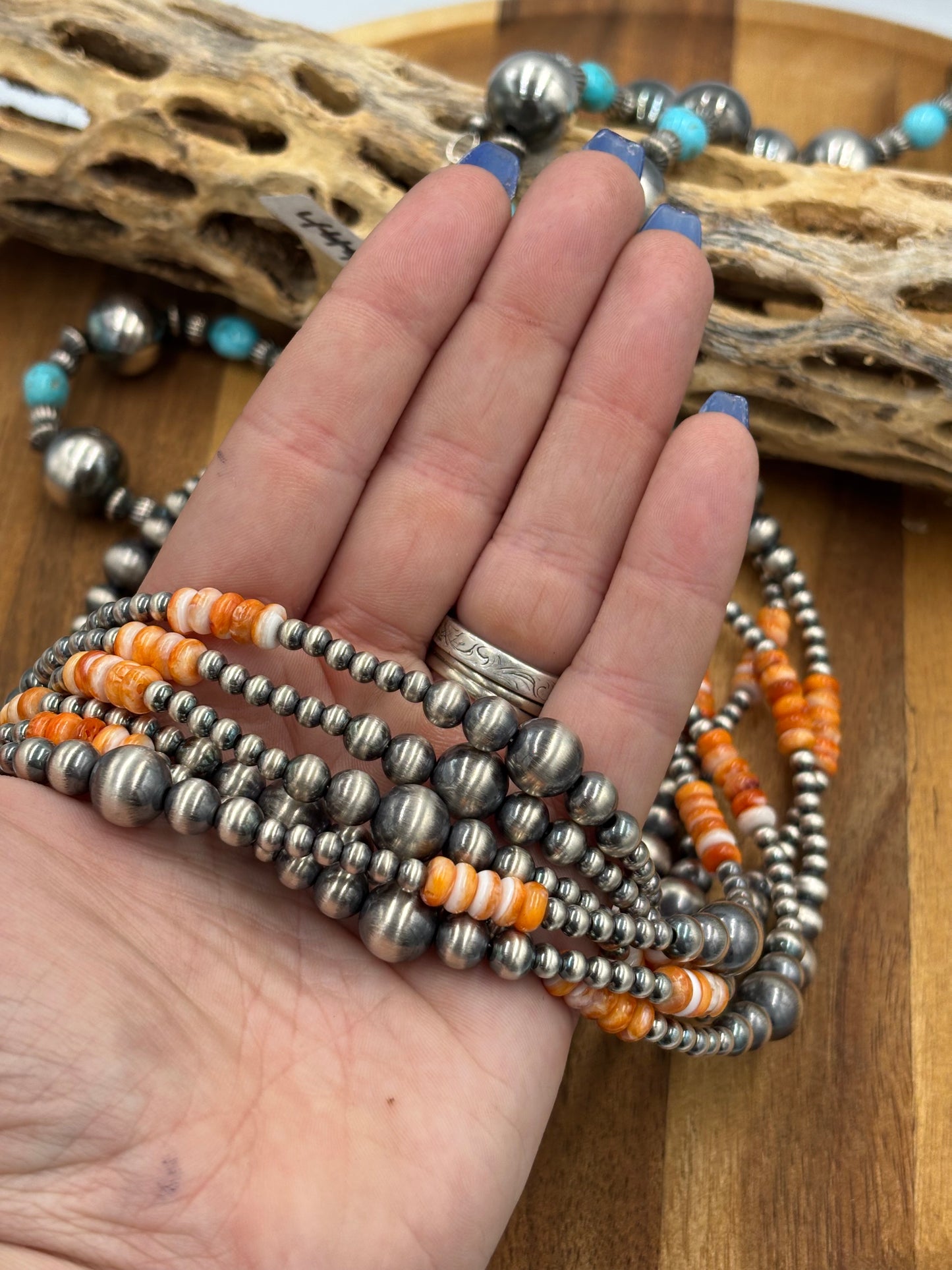 18” Orange Spiny & Sterling Silver Pearl Necklace II