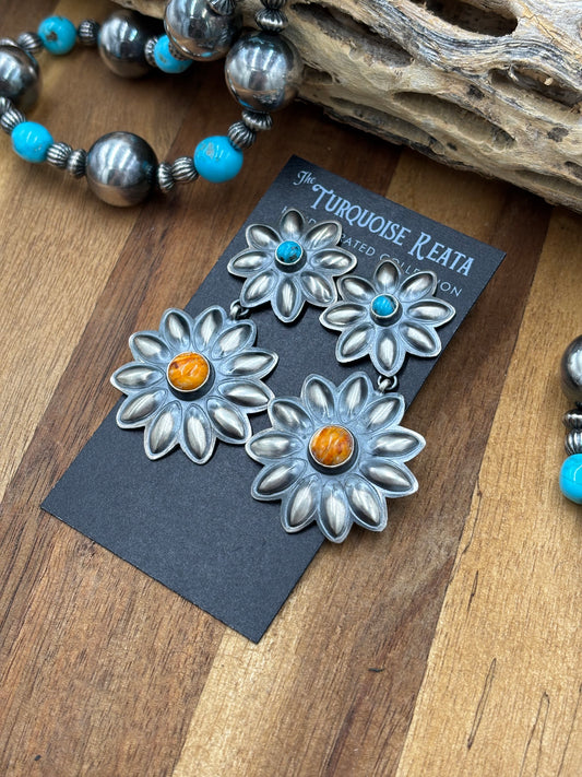 Orange Spiny & Turquoise Flower Concho Earrings by Robert Johnson, Navajo