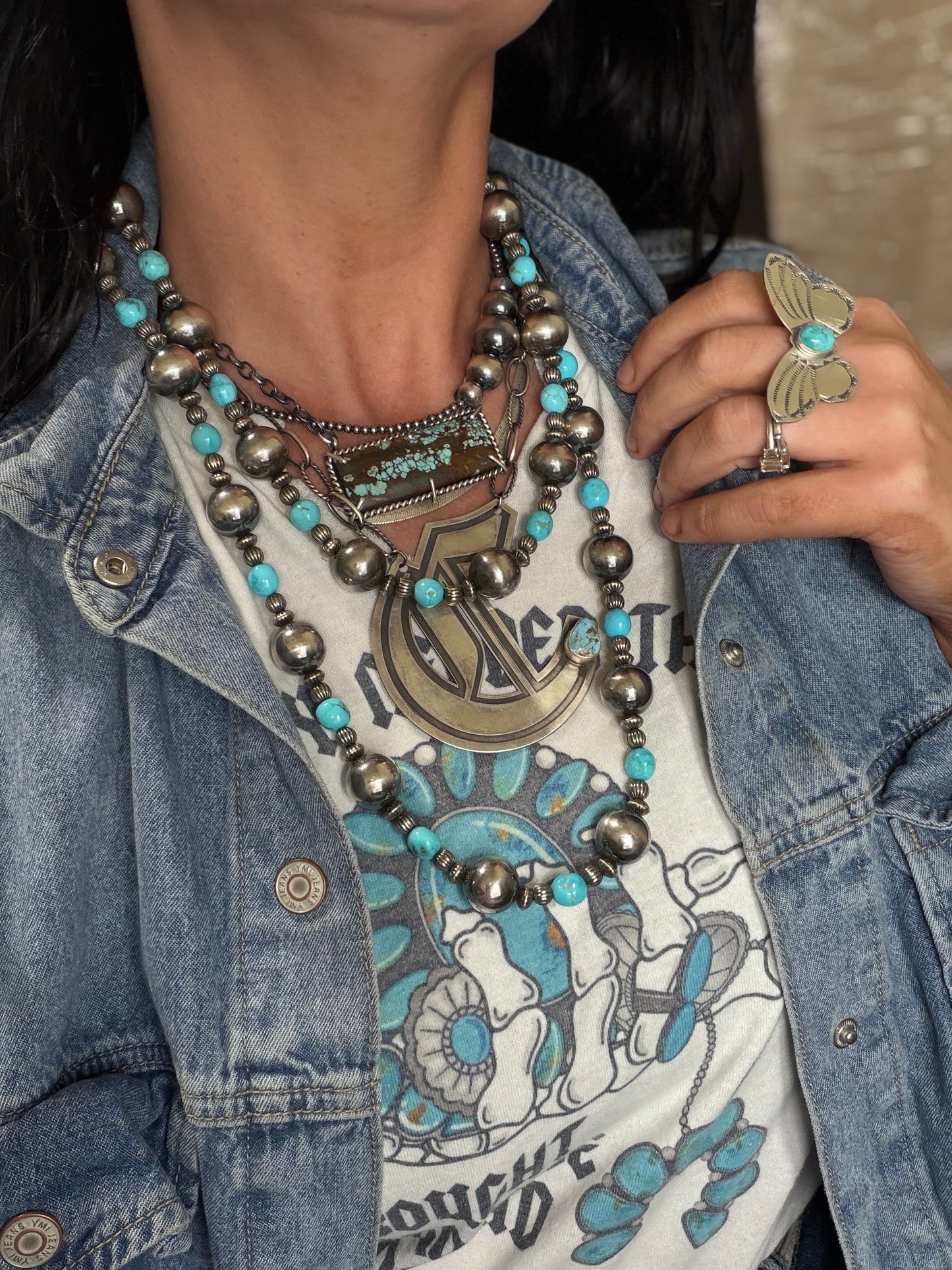 50” Sterling Pearls & Turquoise Necklace #811-7