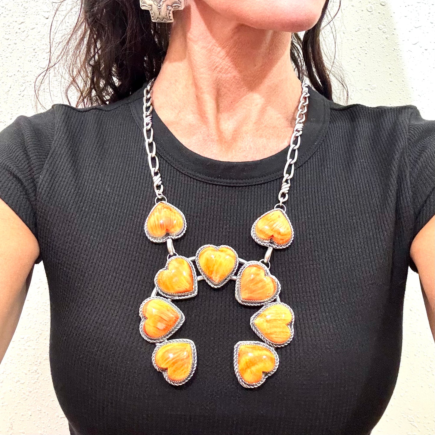 18" Orange Spiny Oyster Heart Necklace by Navajo Artist Gilbert Nez