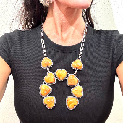 18" Orange Spiny Oyster Heart Necklace by Navajo Artist Gilbert Nez