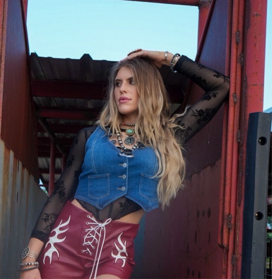 The Lola – Crop Denim Button Up Dark Wash Vest