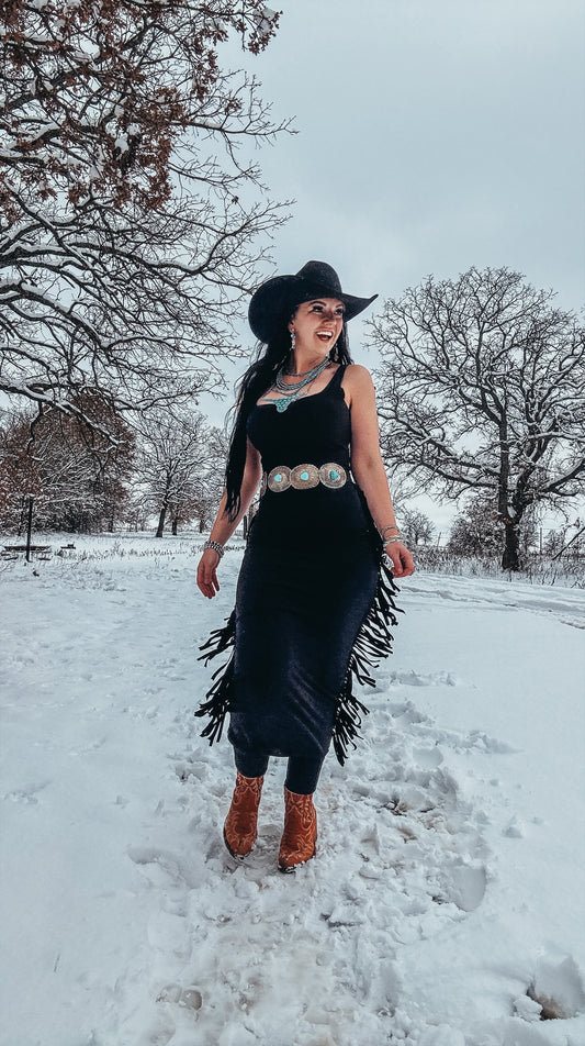 The Jackson Solid Tank Strap Sleeveless Full Length Maxi Black Dress With Fringe