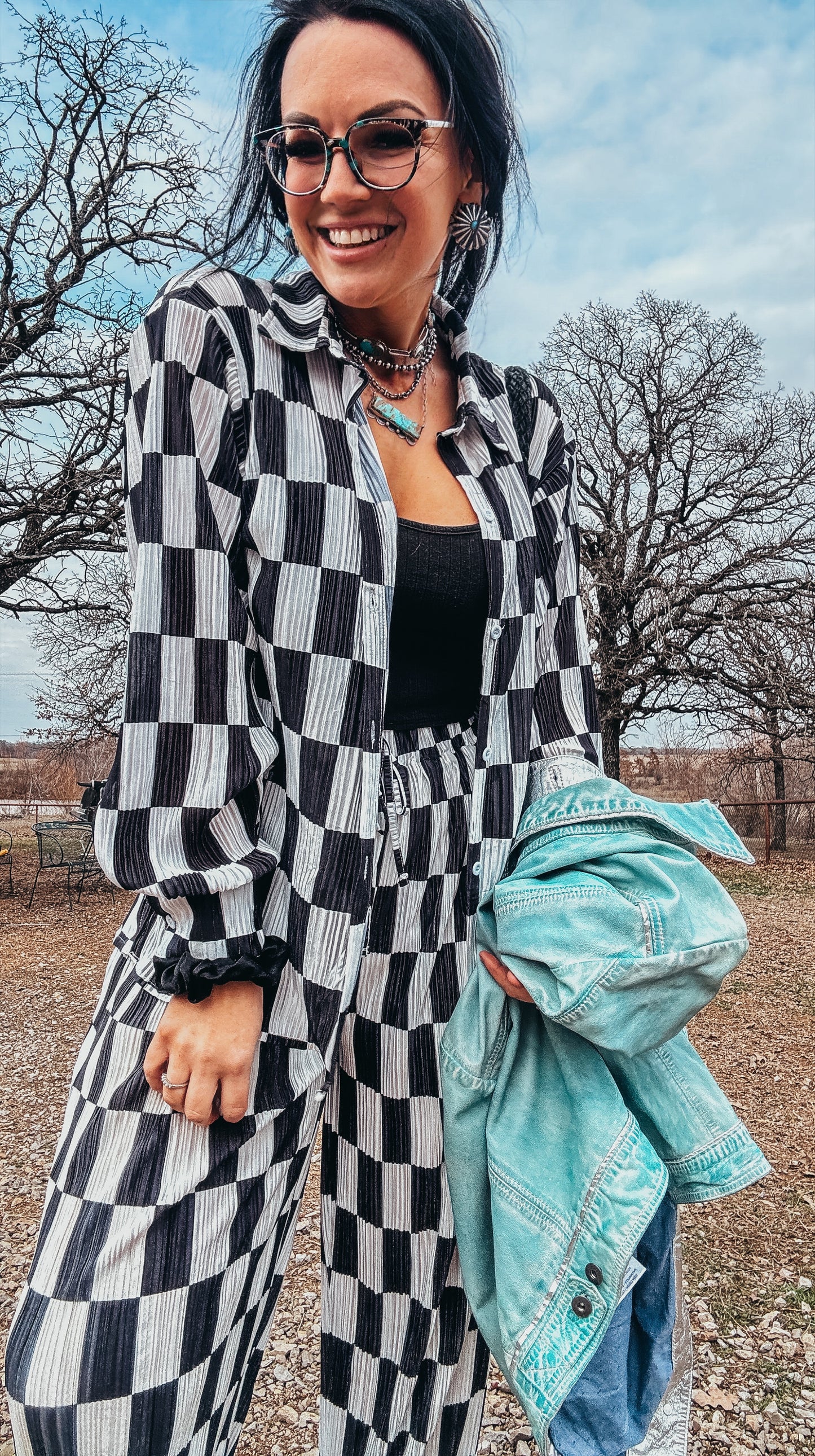 The Danika Plisse Pleated Checker Print Button Up Shirt Pants Set