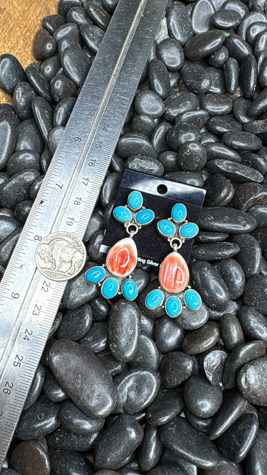 Red Spiny Oyster and Turquoise Sterling Silver Earrings