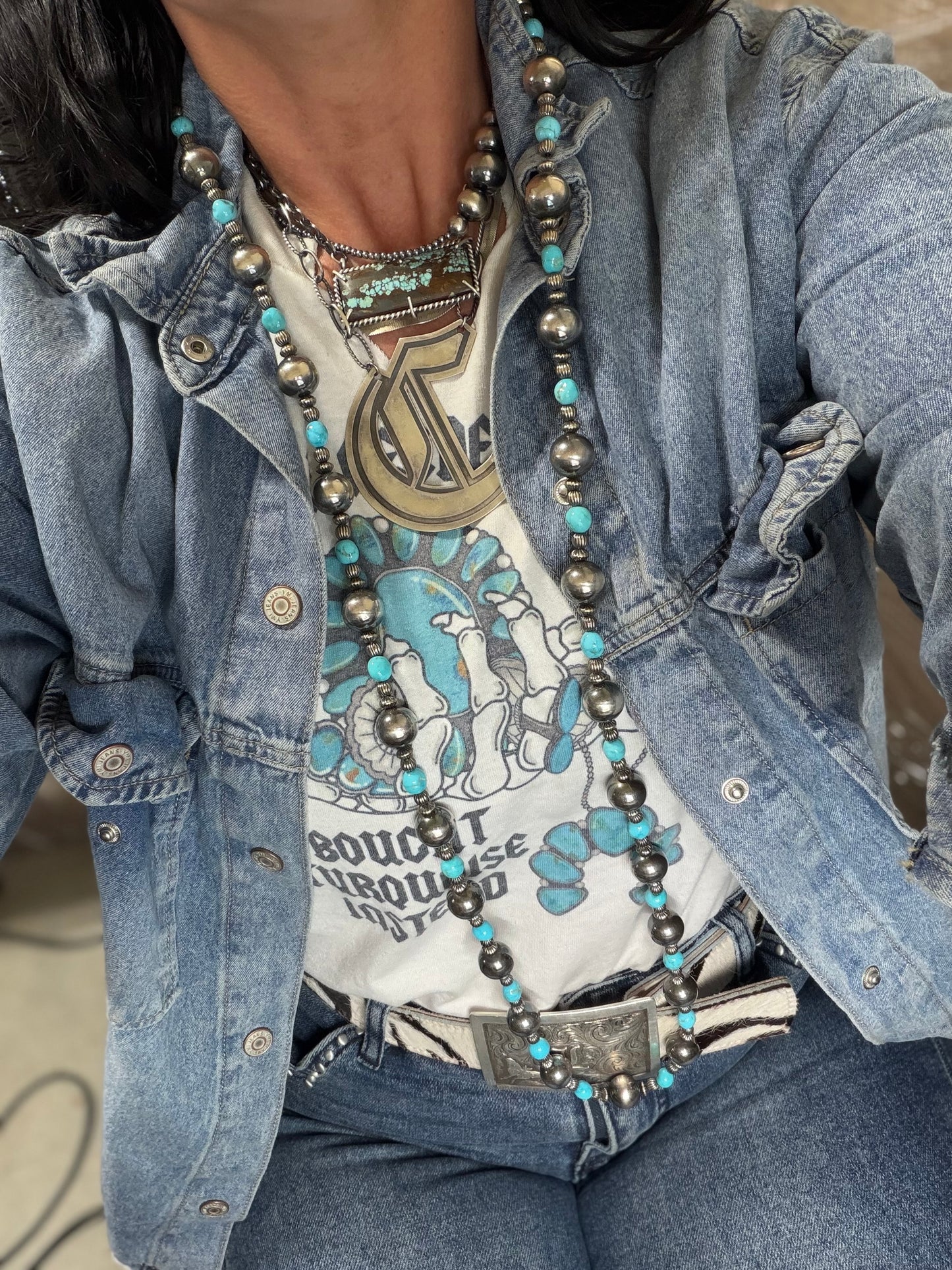 50” Sterling Pearls & Turquoise Necklace #811-7
