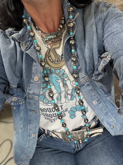 50” Sterling Pearls & Turquoise Necklace #811-7