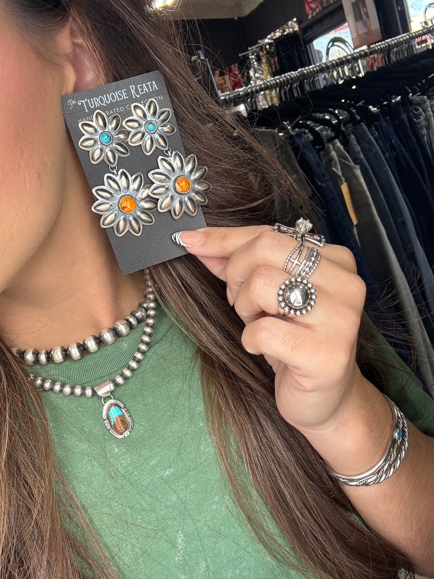 Orange Spiny & Turquoise Flower Concho Earrings by Robert Johnson, Navajo