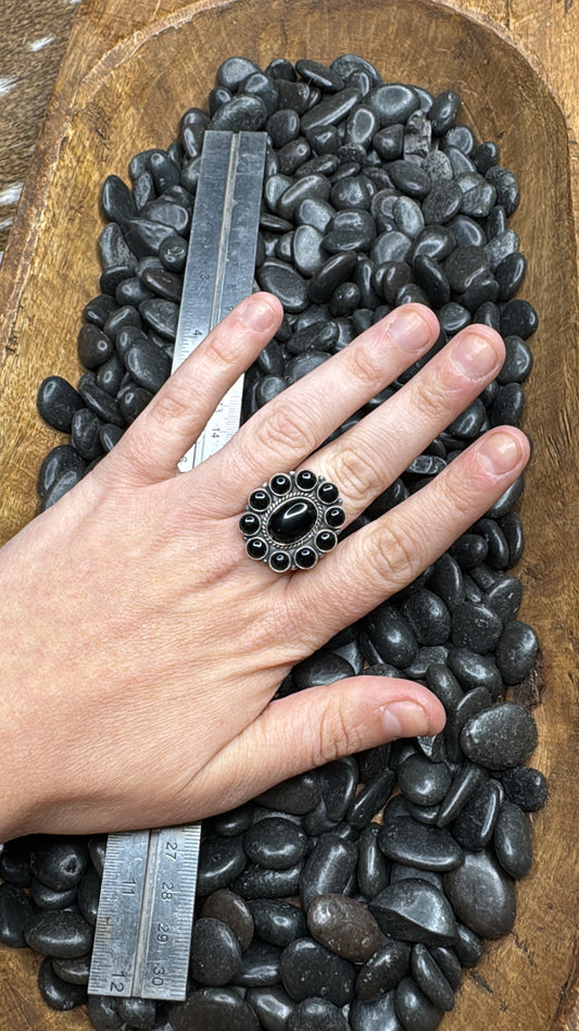 Black Onyx Cluster Adjustable Ring
